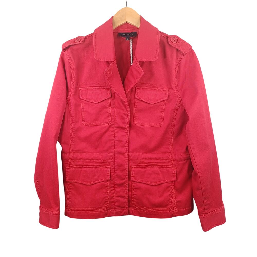 Talbots‎ Womens Utility Jacket Red Size M Cotton Twill Stretch Button Up Preppy